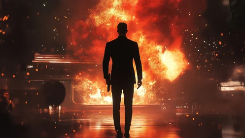 Solitary figure strides through inferno's brilliant theatrical backdrop