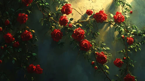 Crimson Roses Bathed in Golden Garden Light.