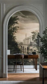 Classical mural framed by arched niche in study wall.