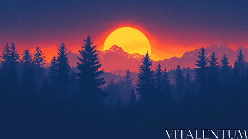 Layered conifer silhouettes frame stylized sun over mountains