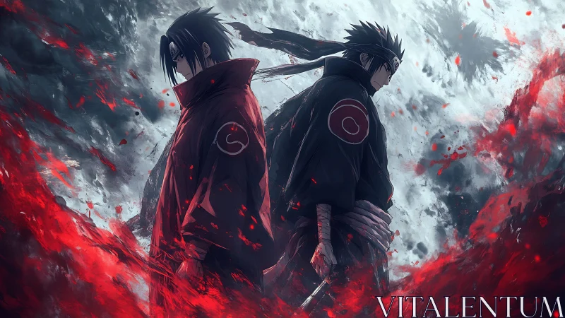 Dual anime warriors stand back to back amid crimson vortex