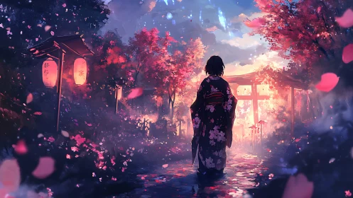 Digital painting of kimono figure on luminous shrine path.