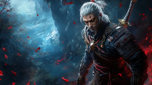 Armored warrior with white hair stands in glowing misty gorge