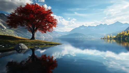 Solitary red tree reflects over a tranquil alpine lake