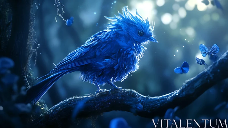 Iridescent blue songbird in ethereal forest bokeh light.