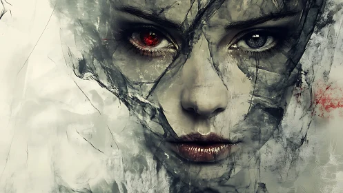 Cracked porcelain gaze studies chaos through mismatched eyes