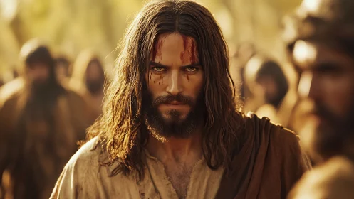 Solemn robed figure with intense gaze in golden light.