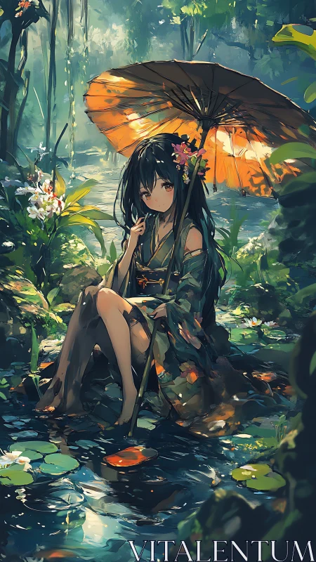 Umbrella-shaded girl resting in a luminous forest pond.