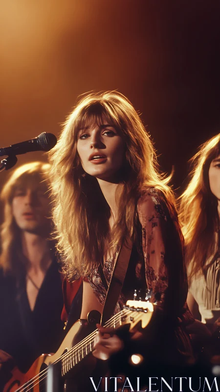 Female guitarist at microphone under warm stage lighting.