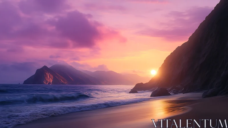 Sunlit violet shoreline meets luminous coastal cliffs.