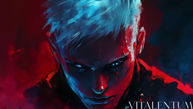 Digital portrait depicts male figure with high contrast lighting