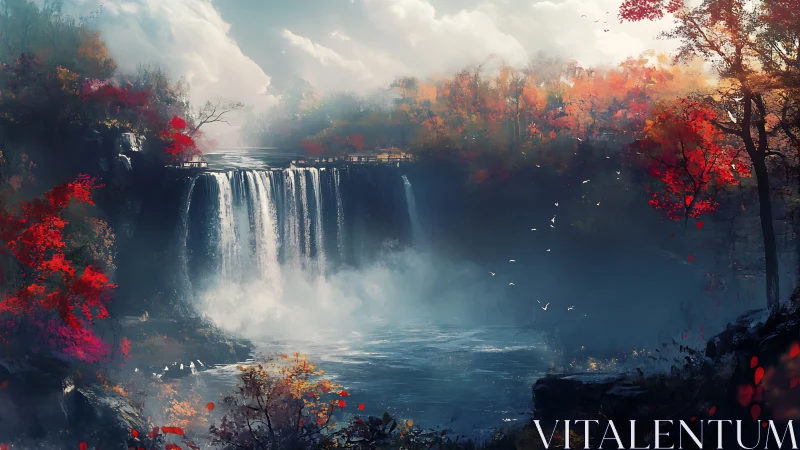 Autumnal river gorge waterfall with mist and luminous foliage