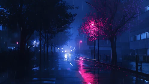 Moody rainlit street glowing with soft neon cherry lights.