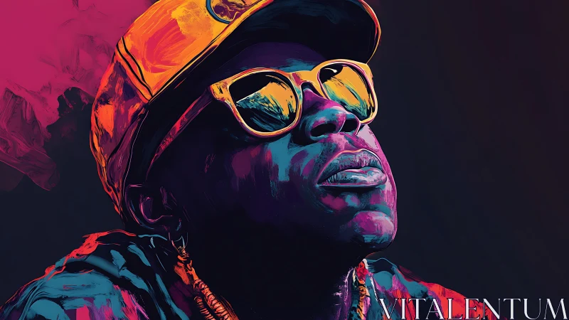 Neon-lit portrait of man in sunglasses gazing upward boldly.