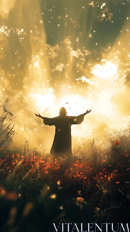 Silhouetted figure embracing radiant sky in ethereal backlight