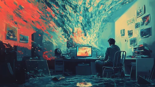 Creativity floods a lonely desk as digital oceans collide