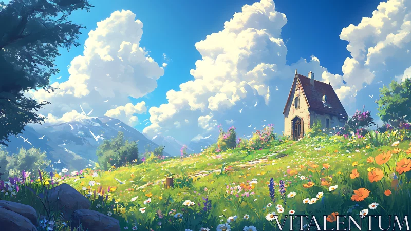 Sunny cottage overlooks wildflower meadow and distant peaks.
