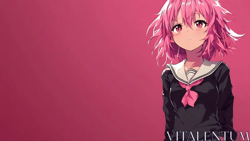 Melancholic anime schoolgirl stands against bold pink void