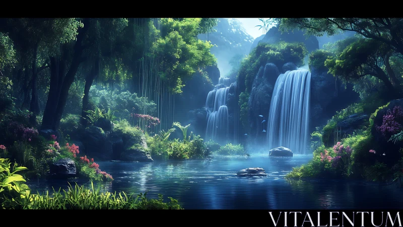 Luminous jungle waterfalls over tranquil blue lagoon at dawn.