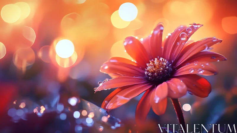Red Gerbera Daisy with Water Droplets in Golden Bokeh Light