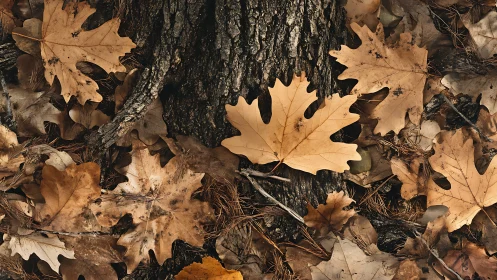Photorealistic oak leaf carpet at tree base, warm-toned study.
