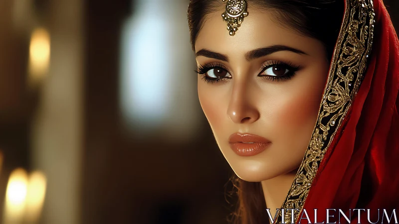 Portrait captures regal woman in ornate red embroidered veil