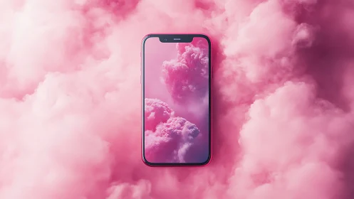 Smartphone with pink cloud wallpaper amid dense pink fog.