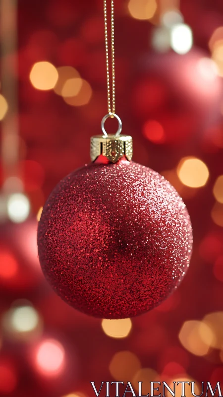 Glistening red ornament glows softly in warm holiday light