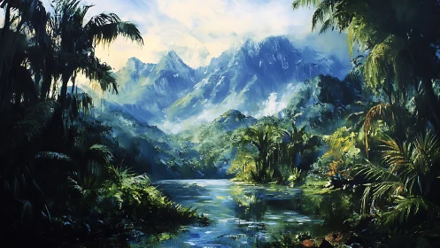 Lush tropical river valley framed by misty blue mountains.