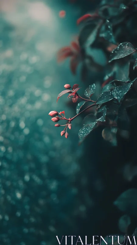 Dewlit crimson buds in teal bokeh garden atmosphere.
