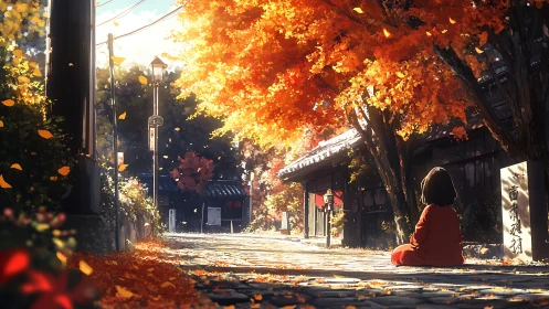 Autumn-lit Japanese lane with seated figure and glowing foliage.