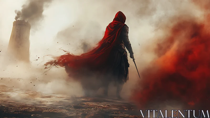 Red-caped warrior amid burning mist near ruined tower.