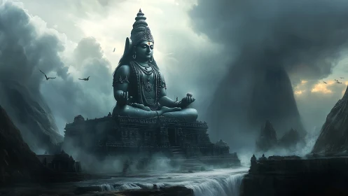 Stormlit mountain deity broods above a temple of mist.