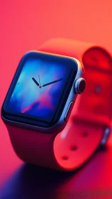 Smartwatch with red band displayed under vivid lighting