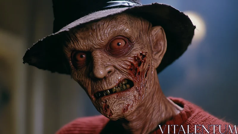 Horror character close-up shows detailed facial prosthetics