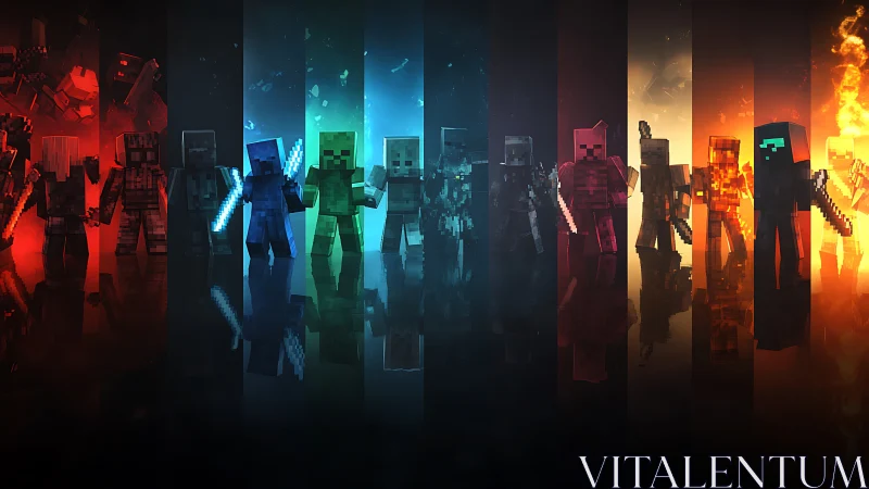 Colorful pixel warriors stand united in a glowing arena