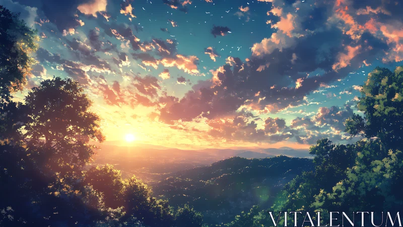 Gentle sunrise glows over rolling hills and soft cloud skies