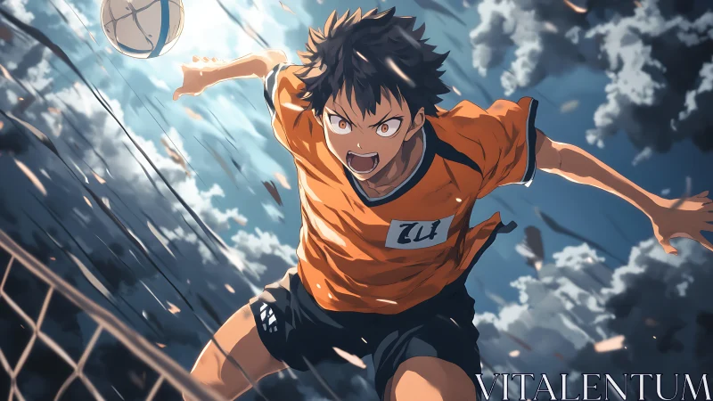 Intense anime volleyball spike under stormy dramatic sky.