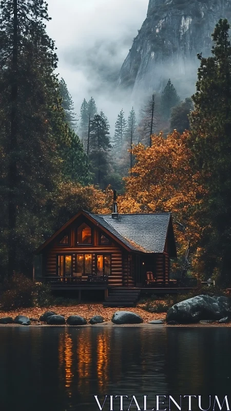 Warm-lit lakeside cabin contrasts with misty conifer mountainscape