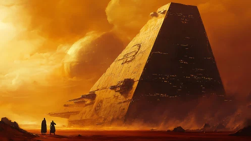 Colossal desert mothership under molten amber skies.