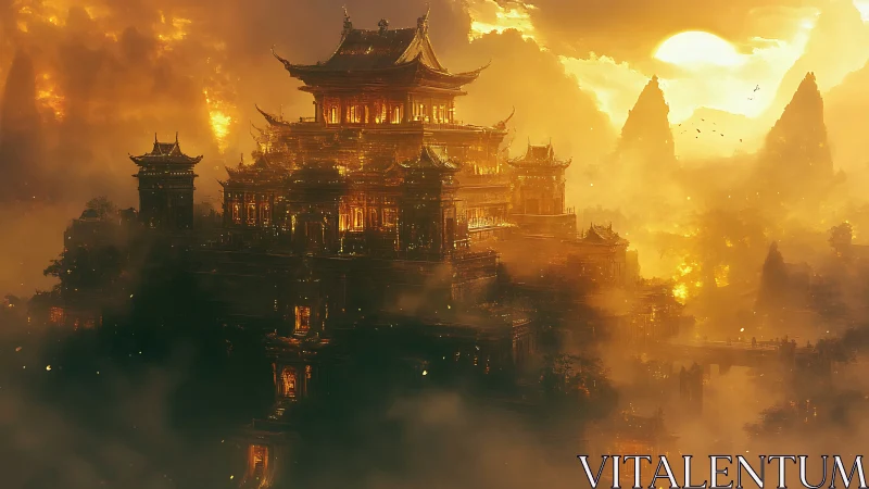 Golden mountain palace drifting through a dreamlike sunset.