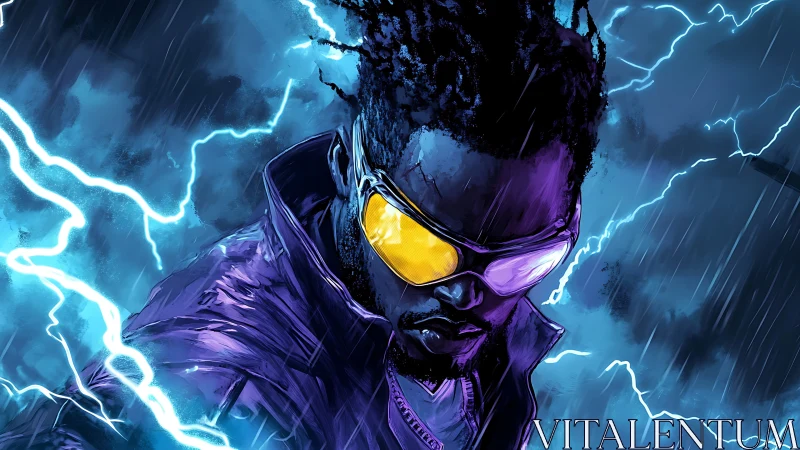 Cybernetic figure in storm with reflective visor and lightning.