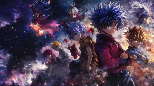 Young anime heroes stand within swirling cosmic nebula