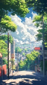 Sunlit downhill street overlooks distant summer cityscape