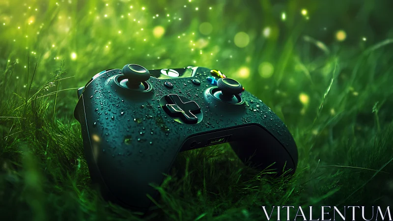 Game controller on dewy grass with green light orbs.