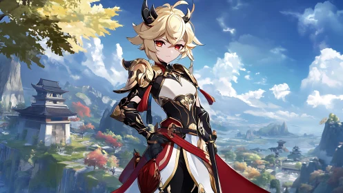 Armored anime warrior overlooking serene mountain valley.