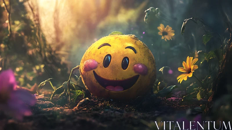 Sunlit smiley melon glows with joy in an enchanted forest.