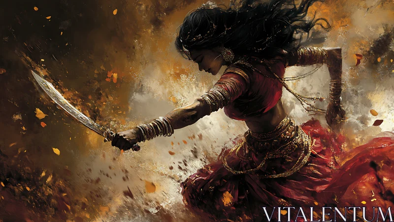 Whirling warrior dances through embers with a burning blade