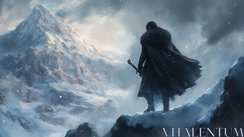 Lone cloaked sentinel surveying glacial alpine massif panorama.