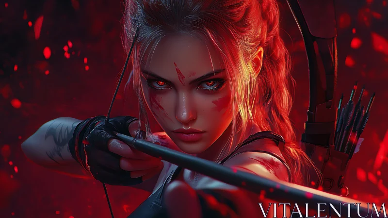 Fiery-eyed archer aims downshaft amid crimson particle field